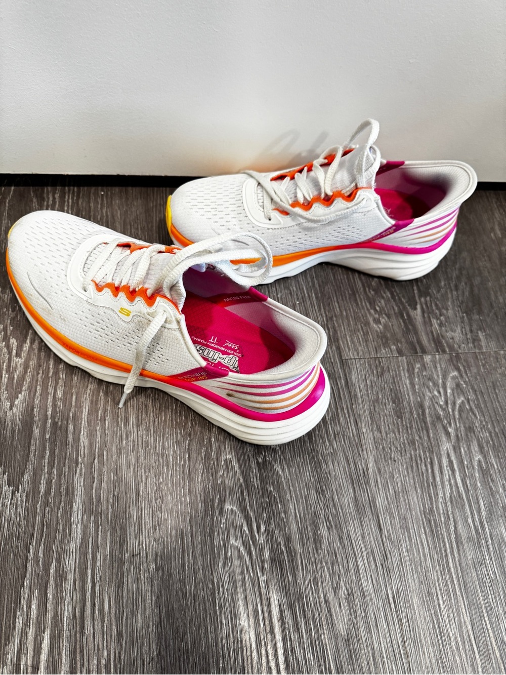 Skechers White Athletic Shoes with Pink & Orange Accents